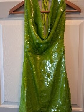 Fashion Nova Lime Green Sequin Halter Dress